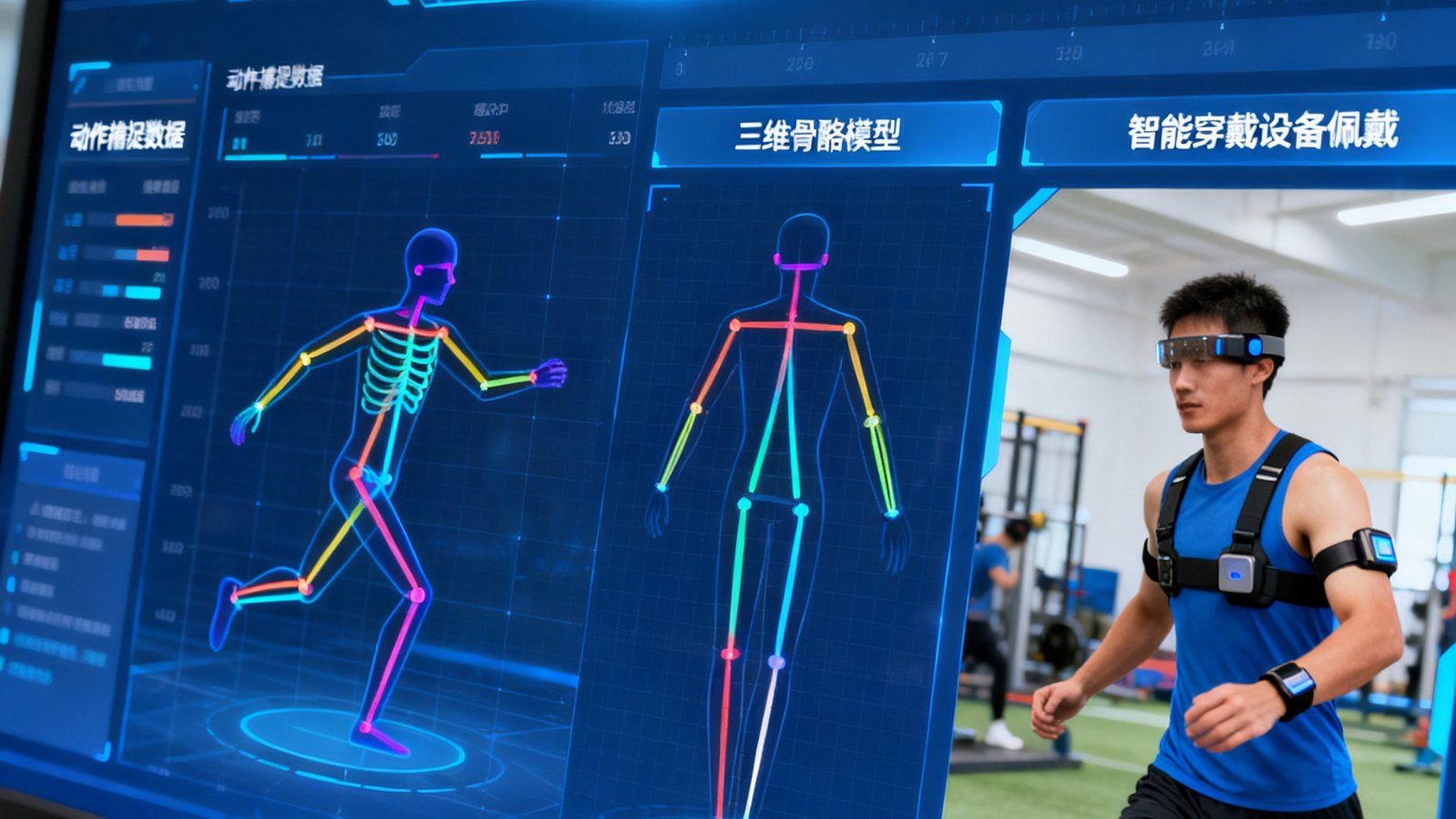 公海贵宾会员检测中心自主研发的AI运动分析系统操作界面展示，屏幕显示运动员动作捕捉数据与三维骨骼模型，旁边是运动员在实际训练中佩戴智能穿戴设备的场景。